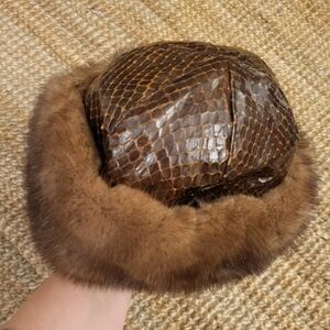 Vittorio Brown Real Snakeskin and Mink Fur Trim Hat